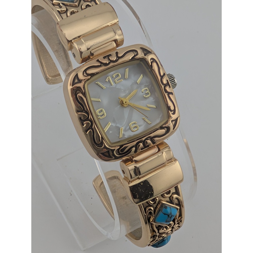 Pavana Watch Women Bangle Gold Tone Faux Turquoise 26mm MOP Dial- New Battery